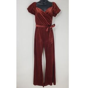 On Twelfth Velvet Flare Leg Jumpsuit Women Sz L Rust Puff Sleeve Ribbed Metallic